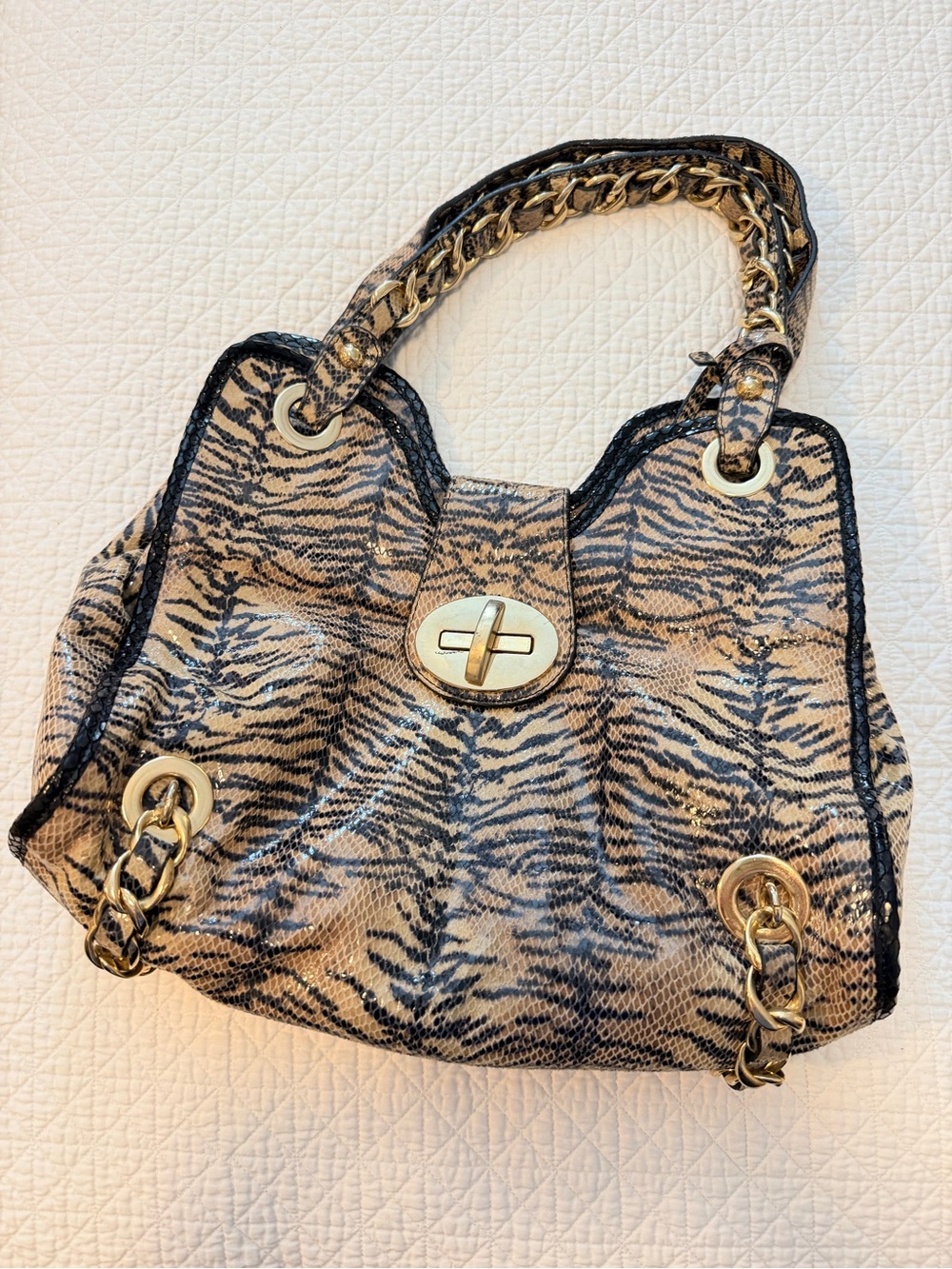 Stuart Weitzman Beige and Black Tiger-Print Chain Shoulder Bag